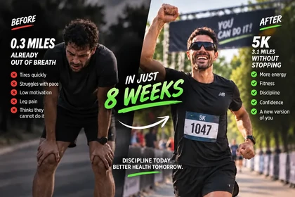 Before: out of breath after 0.3 miles. After: a nonstop 5K in 8 weeks.
